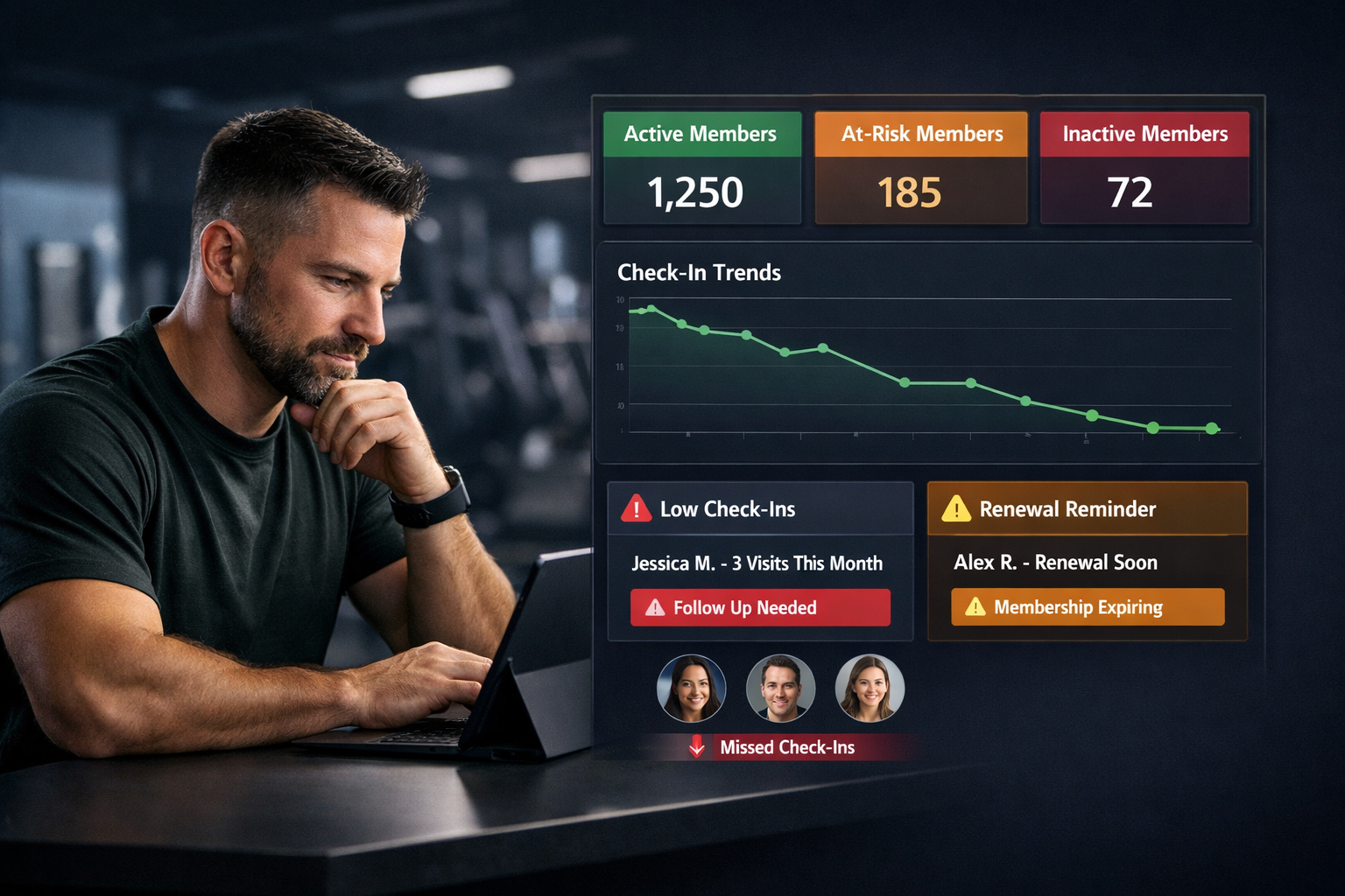 Gym member inactivity dashboard with at-risk segment highlighted