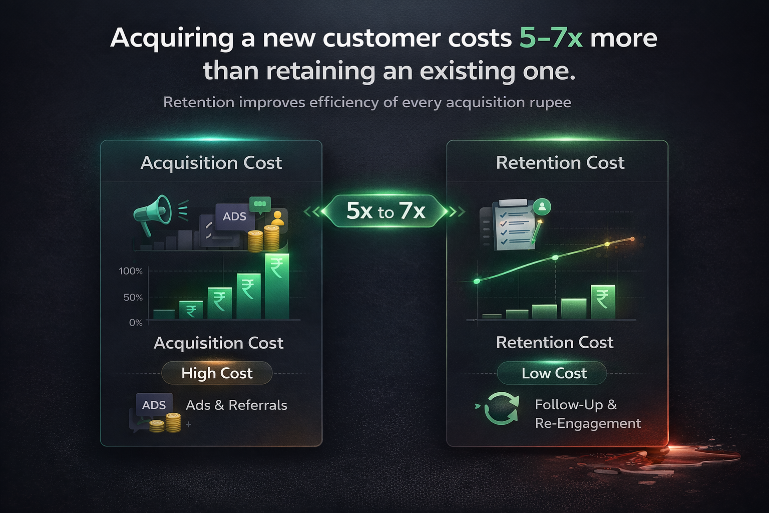 Comparison chart showing customer acquisition cost much higher than customer retention cost