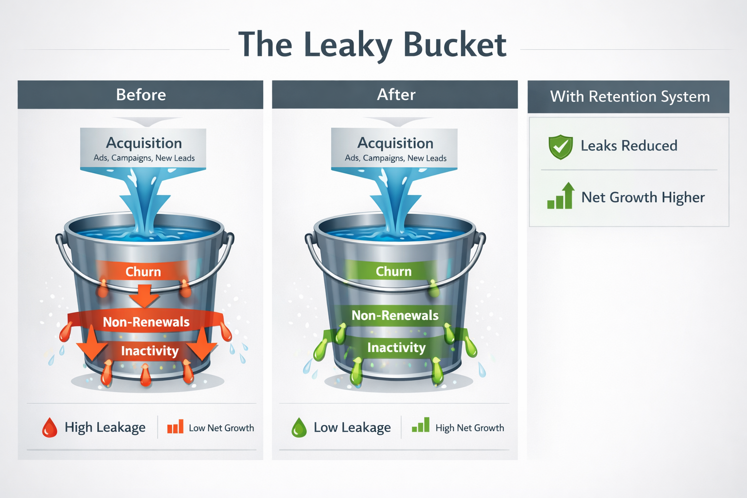 Leaky bucket concept where acquisition fills from top and retention leaks from bottom