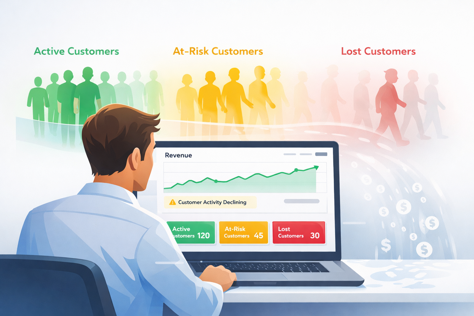 Dashboard visual showing active, at-risk, and lost customer groups